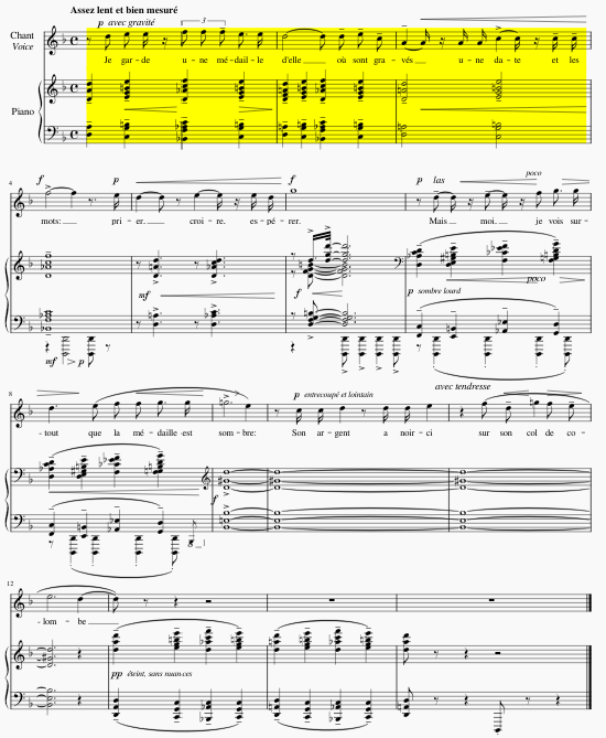 Piano-vocal score with first system highlighted in yellow